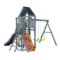 Jack and June Haven II Playset full view - cedar swing set with slide and swings