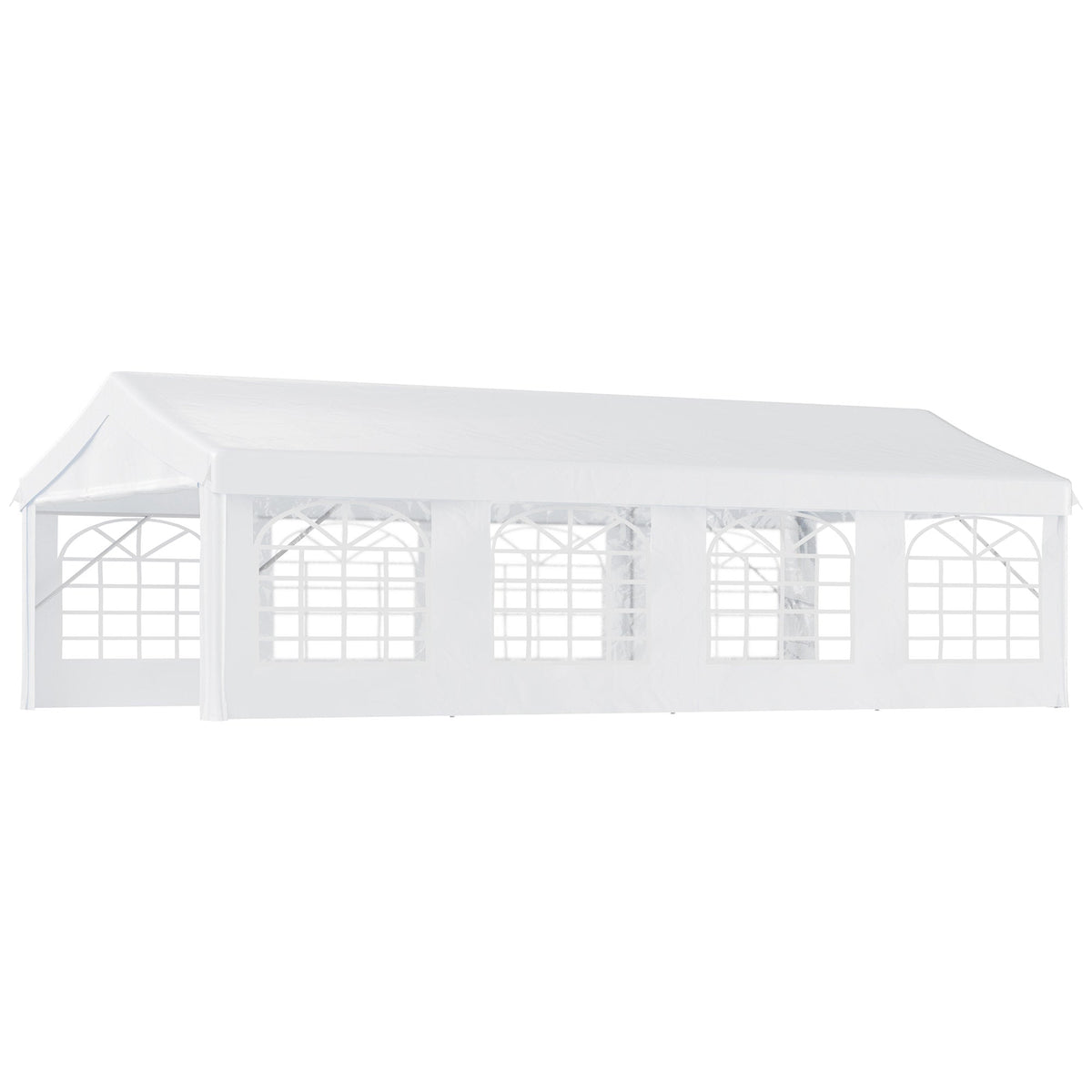 Outsunny 13x26 ft white heavy duty party tent with removable sidewalls and cathedral windows set up outdoors