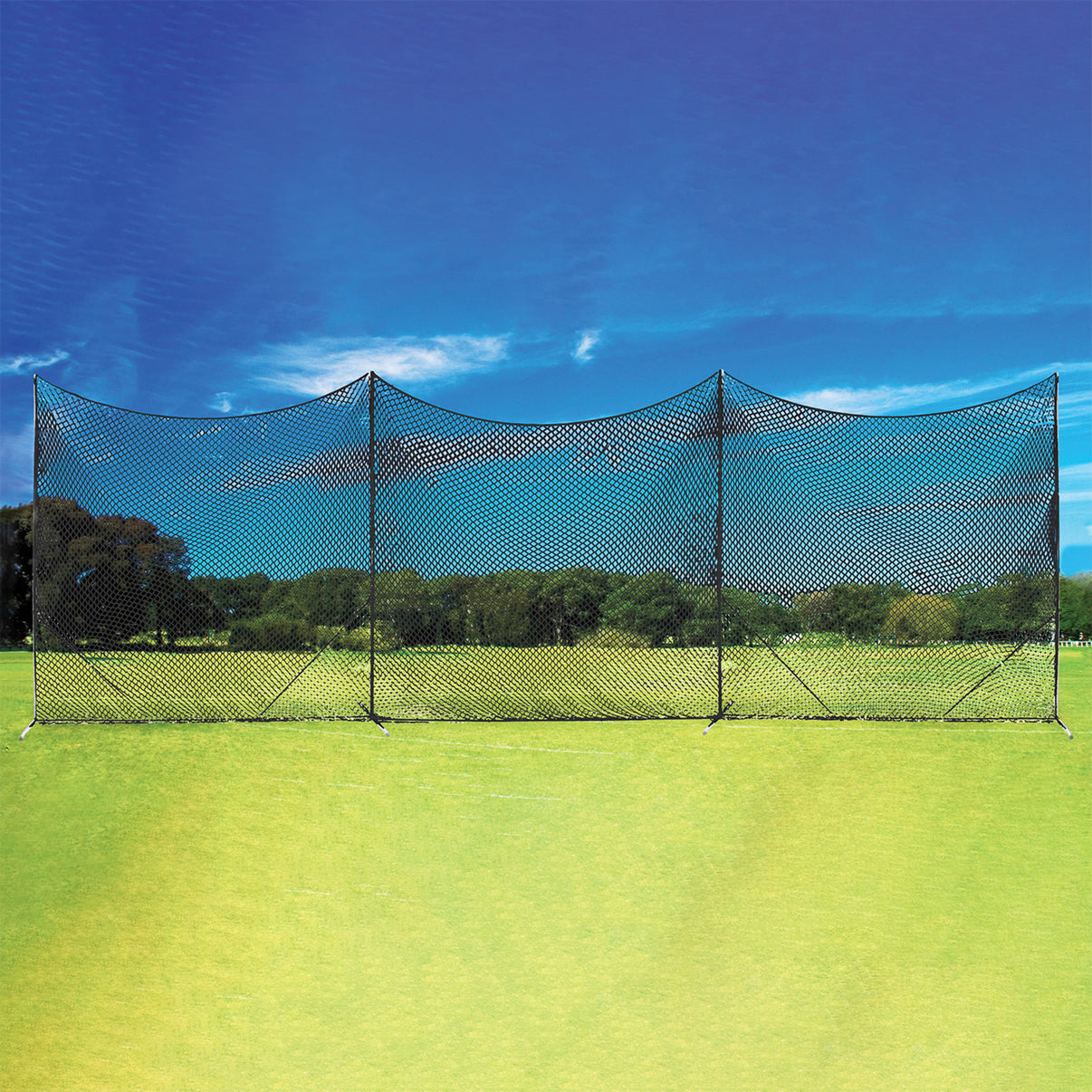 Champion Sports Lacrosse Backstop Net 30 feet wide by 10 feet tall with steel upright poles and T-bar base