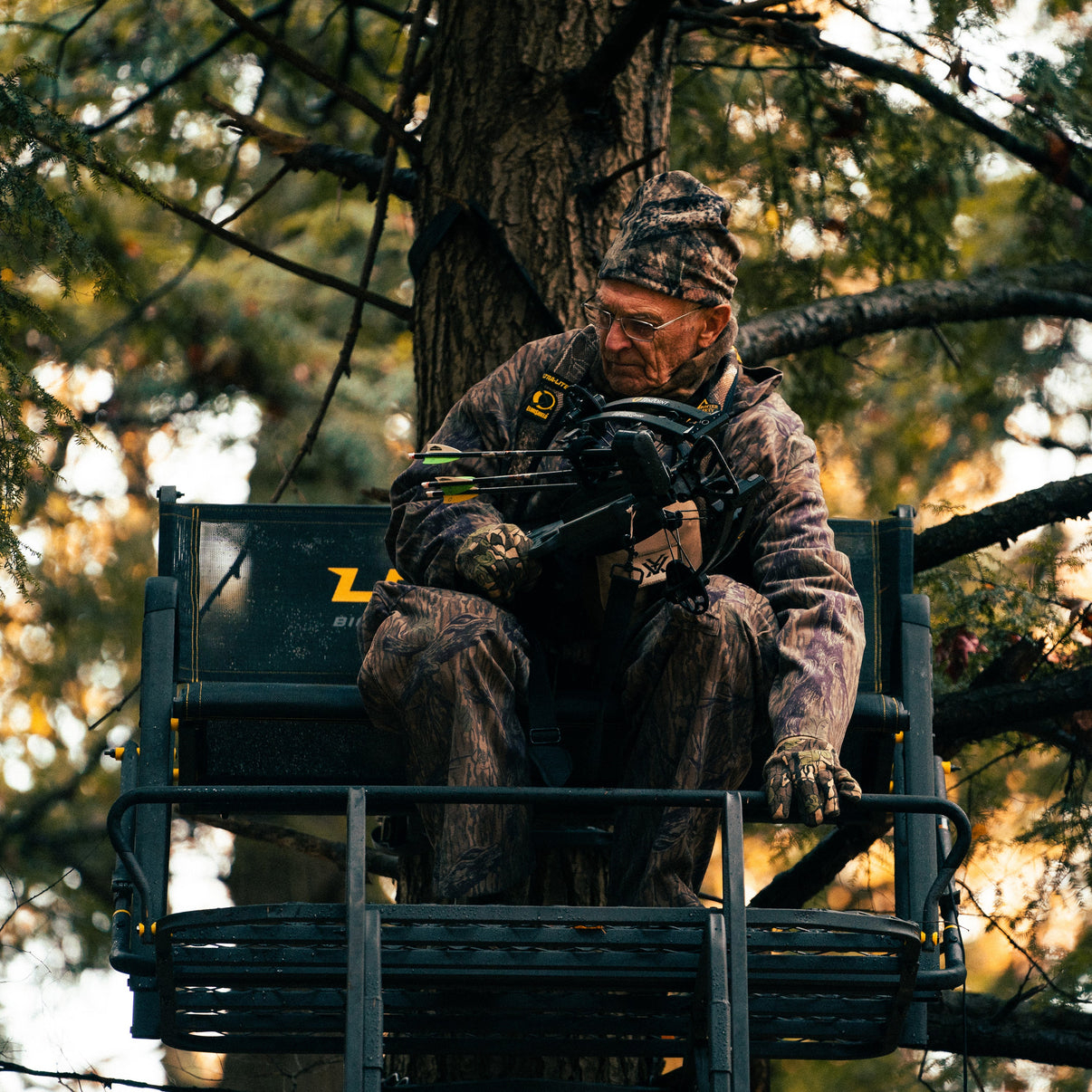 Rivers Edge Lockdown 21' 2-Man Ladder Stand full view in the field