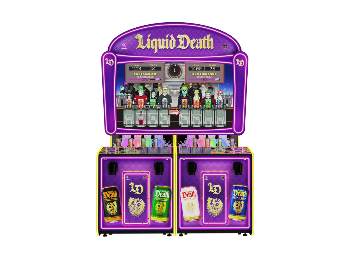 Alan-1 Liquid Death Deluxe arcade cabinet - front view for model comparison