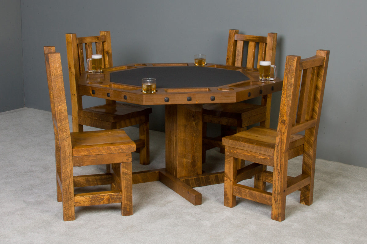 Barnwood poker table with reversible top - full view showing rustic Ponderosa pine construction and charcoal felt card table surface