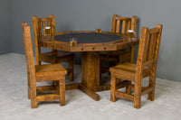 Barnwood poker table with reversible top - full view showing rustic Ponderosa pine construction and charcoal felt card table surface