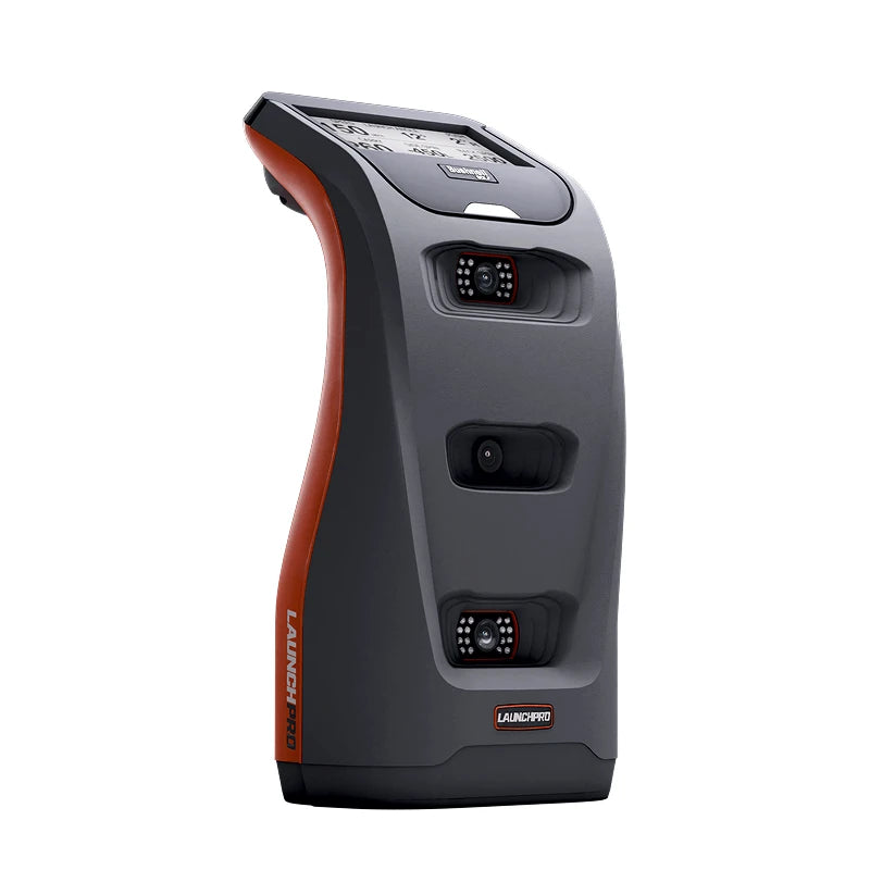 Angled view of the gray Bushnell Golf Launch Pro with orange side accent