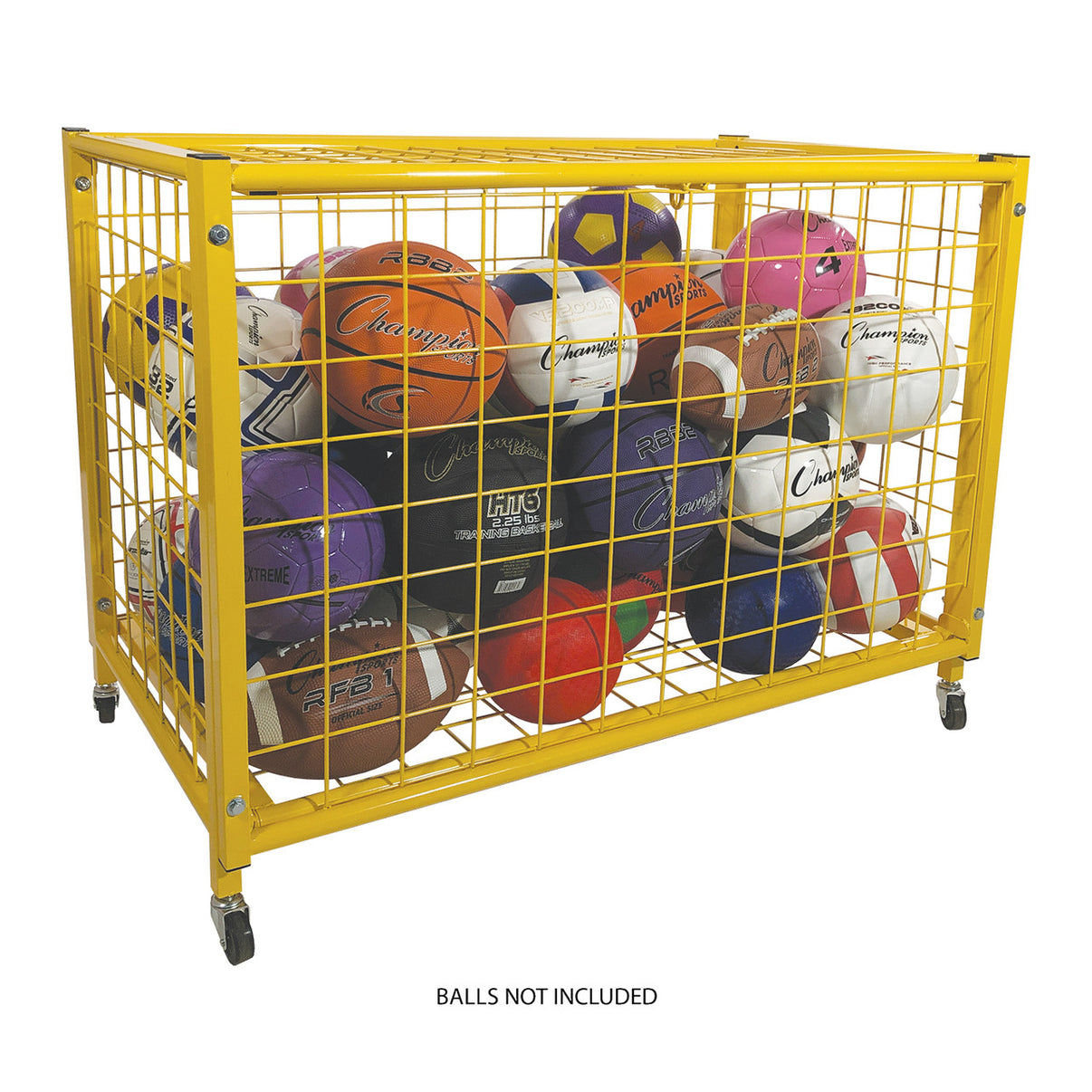 Champion Sports Full-Size Lockable Ball Locker in Yellow - front view showing steel construction and casters