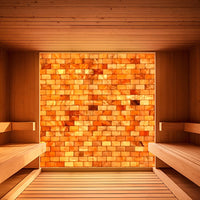 PROSAUNAS Himalayan Salt Sauna Wall Kit with LED lighting installed in a wooden sauna room