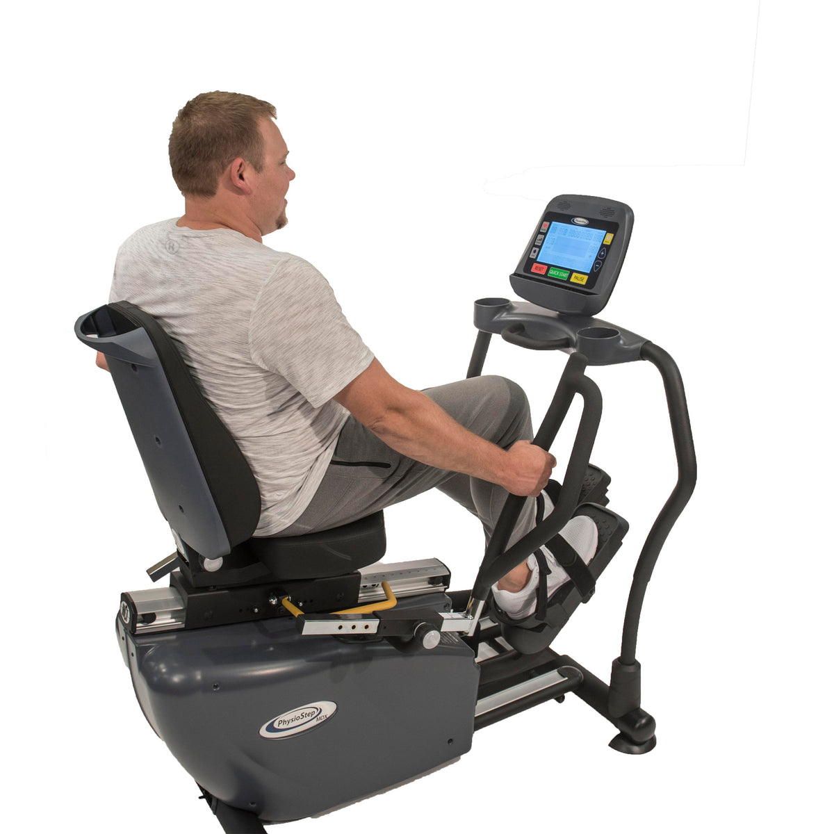 HCI PhysioStep MDX Recumbent Elliptical Cross Trainer with Swivel Seat - full view with model