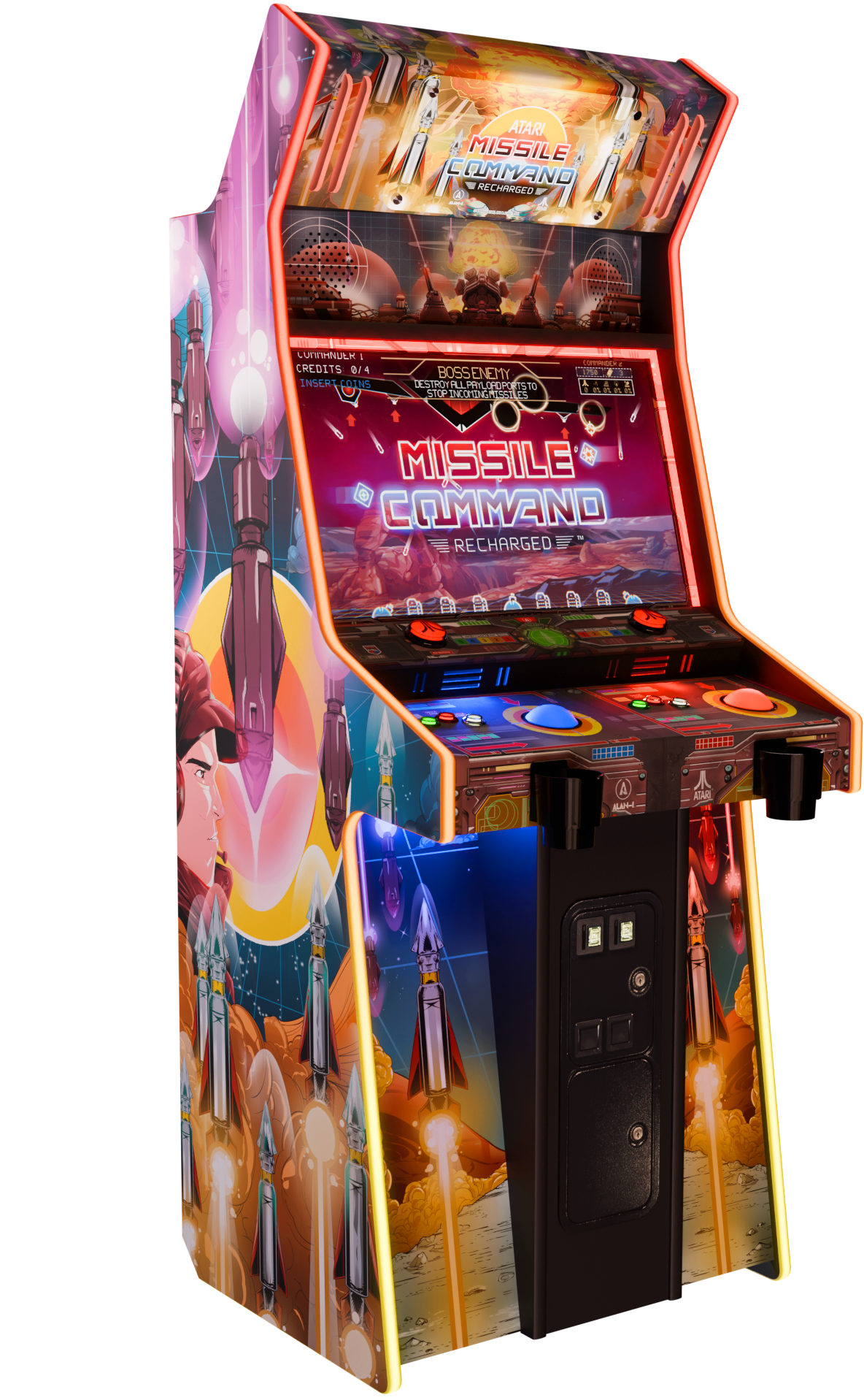 Missile Command Recharged Pro+ arcade cabinet - right side view showing full cabinet with RGB LED T-molding and artwork