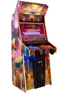 Missile Command Recharged Pro+ arcade cabinet - right side view showing full cabinet with RGB LED T-molding and artwork