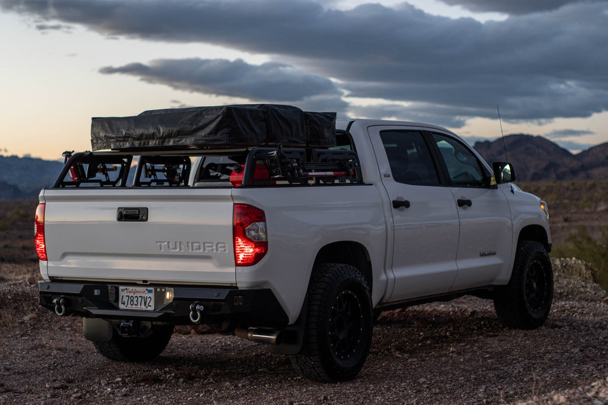 DV8 Offroad MTO Series Full-Size Truck Bed Rack on 2nd gen Tundra - detail view