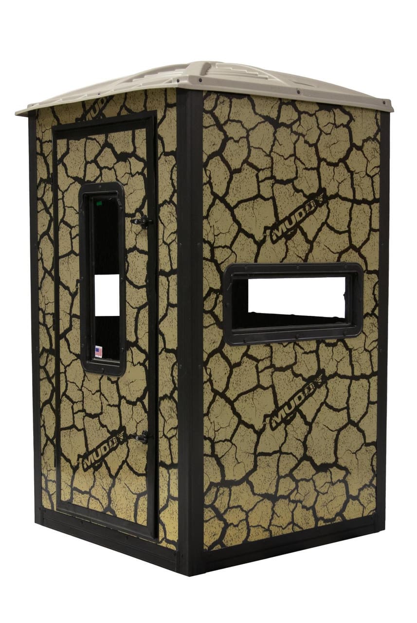Muddy Gunner Steel Box Blind exterior view showing cracked mud camouflage pattern