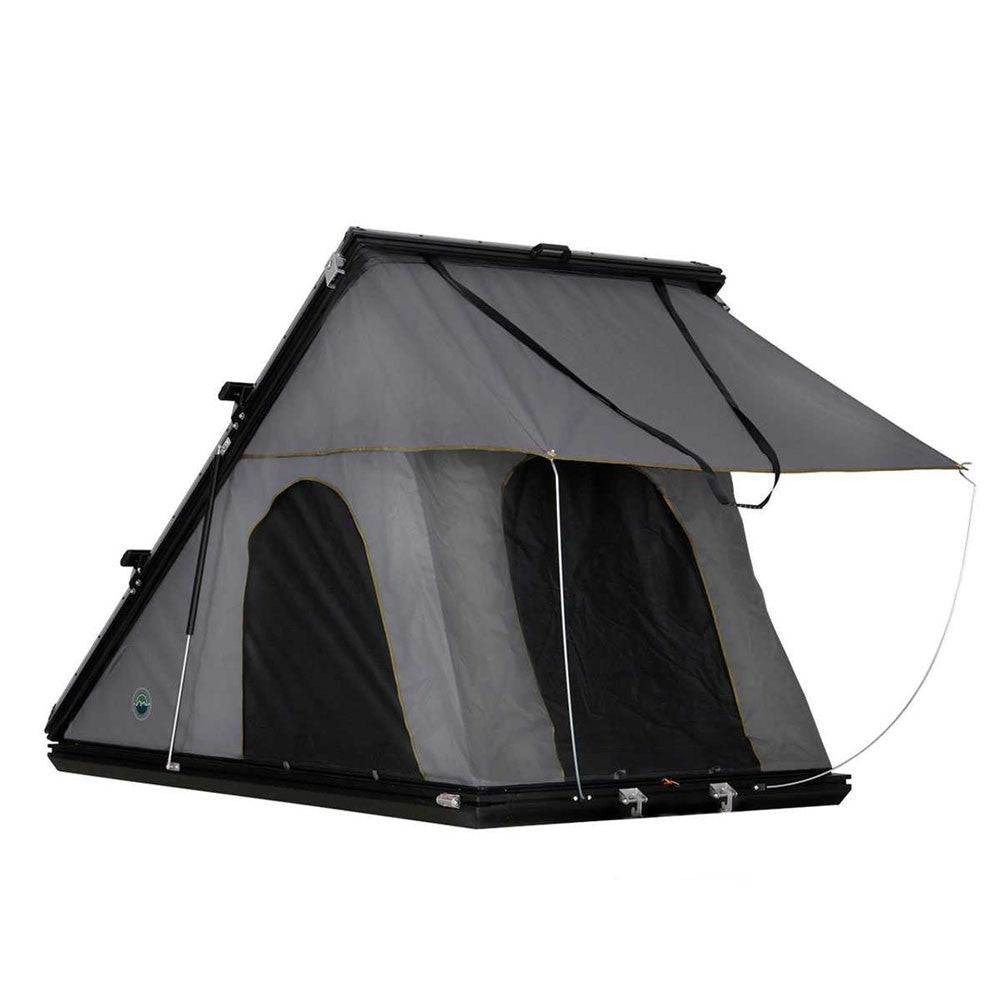 OVS HD Mamba III 3 Person Clam Shell Hard Shell Roof Top Tent in Grey and Green mounted on a vehicle