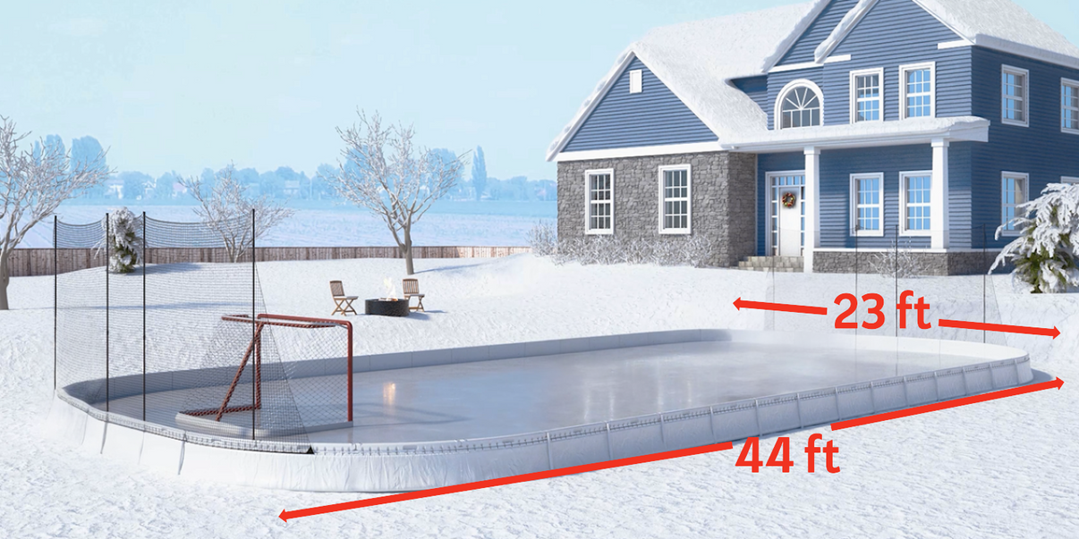 YardRink Medium Rink 23x44 ft rendering with net and dimensions diagram