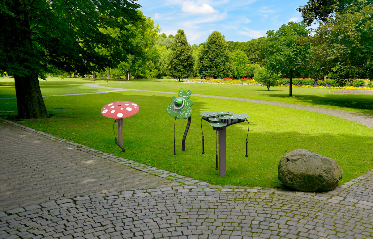 Freenotes Mellow Marsh Ensemble featuring Small Mushroom, Ribbity Bell, and Lilypad Cymbals outdoors