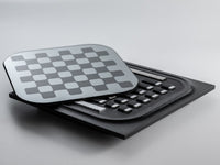 Impatia Mossa Chess Game with smoked mirror glass top and wood base - full view