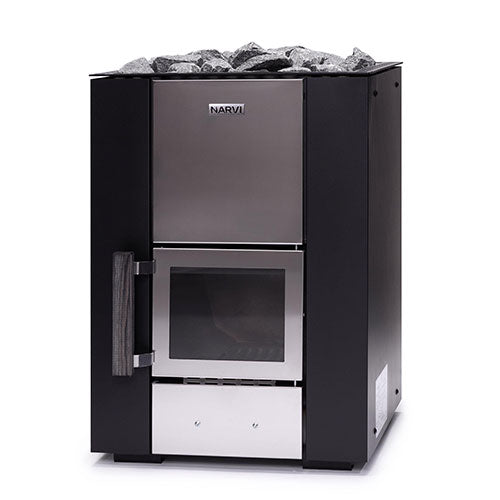 Narvi Kuru wood-burning sauna stove with glazed door and black steel housing