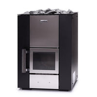 Narvi Kuru wood-burning sauna stove with glazed door and black steel housing