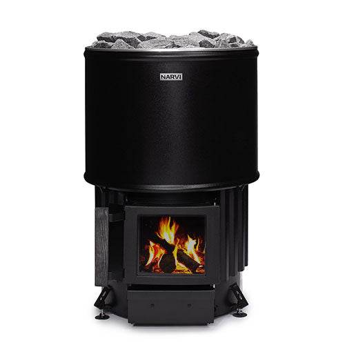 Narvi Luosto 16kW Wood-Burning Sauna Stove with cast-iron glass door and black enameled steel casing
