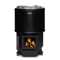 Narvi Luosto 16kW Wood-Burning Sauna Stove with cast-iron glass door and black enameled steel casing