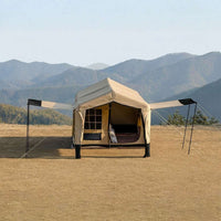 Trend Tents Nimbus Inflatable Cabin entrance POV - air-beam cottage tent exterior view