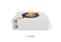 Studio Nisho Chaos square GFRC fire pit in Birch finish with flame burning