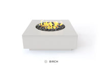 Studio Nisho Cronus 48-inch square GFRC fire pit in Birch finish with flames lit