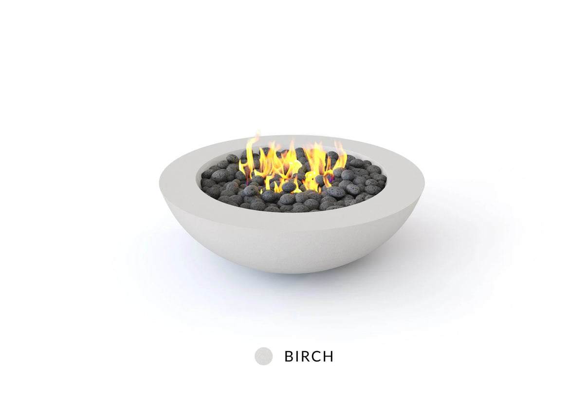 Studio Nisho Kratos gas fire feature in Birch finish, lit flame