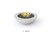 Studio Nisho Kratos gas fire feature in Birch finish, lit flame