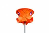 Orange three-sided playground ball game target showing circular and square openings