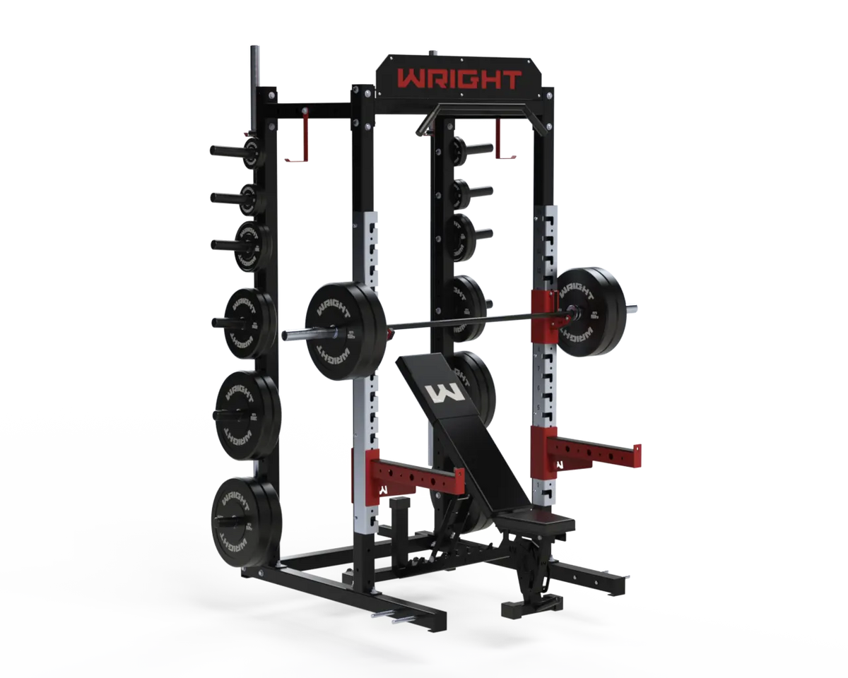 Wright Equipment P-100 Half Rack - front view showing 11ga 3x3 steel uprights and stainless laser-cut overlay
