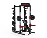 Wright Equipment P-100 Half Rack - front view showing 11ga 3x3 steel uprights and stainless laser-cut overlay