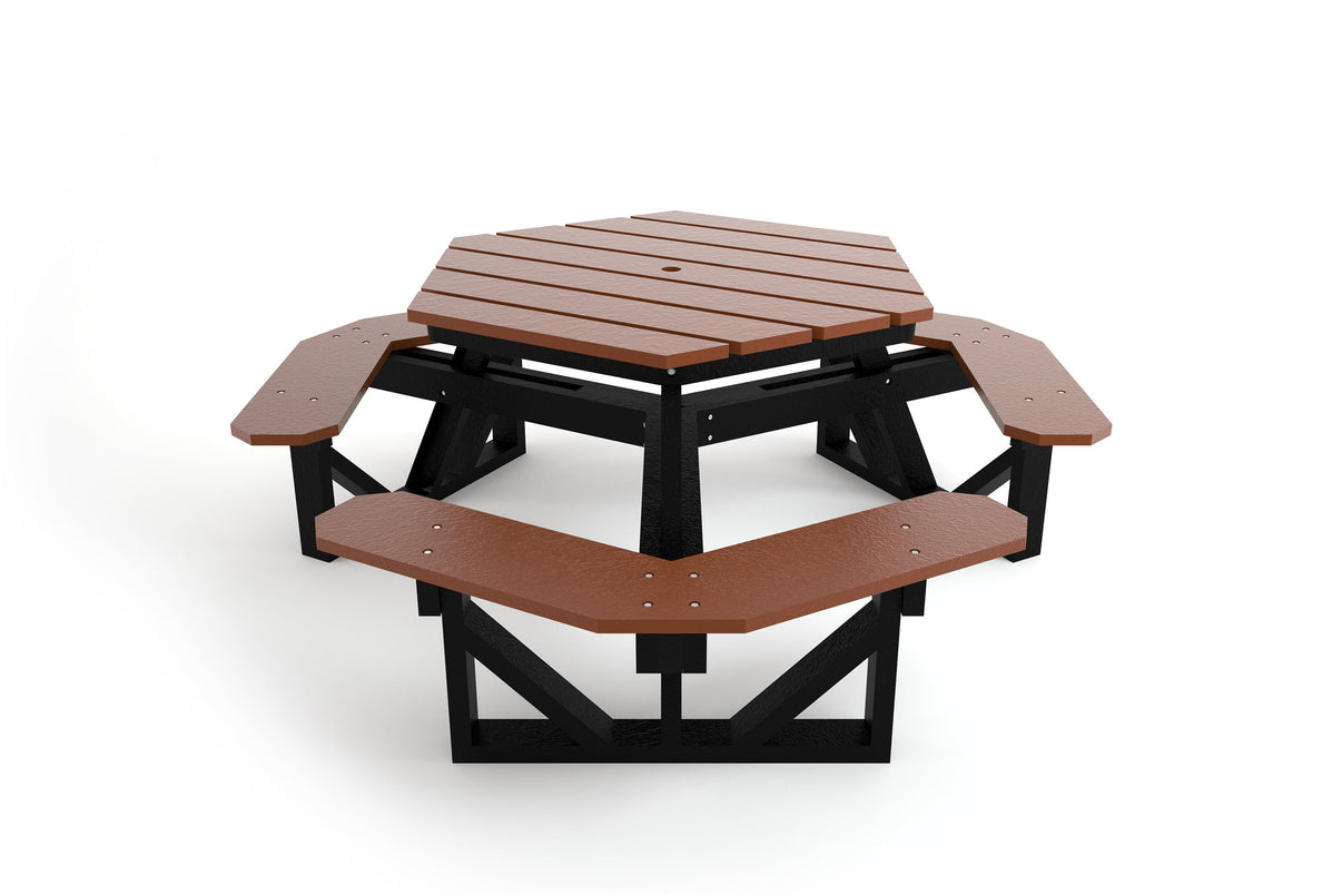 Frog Furnishings 6 ft. Hex Picnic Table front view - Brown slats