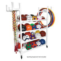 Champion Sports 4-Tier Equipment Storage Cart in white - front view, 61 inches long by 62 inches tall