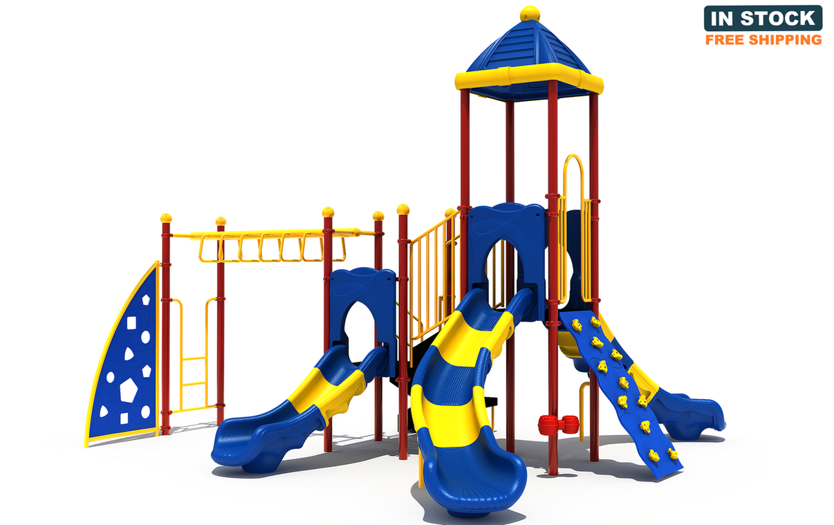 Playground Boss Jungle Gym commercial playground front view - Primary color scheme