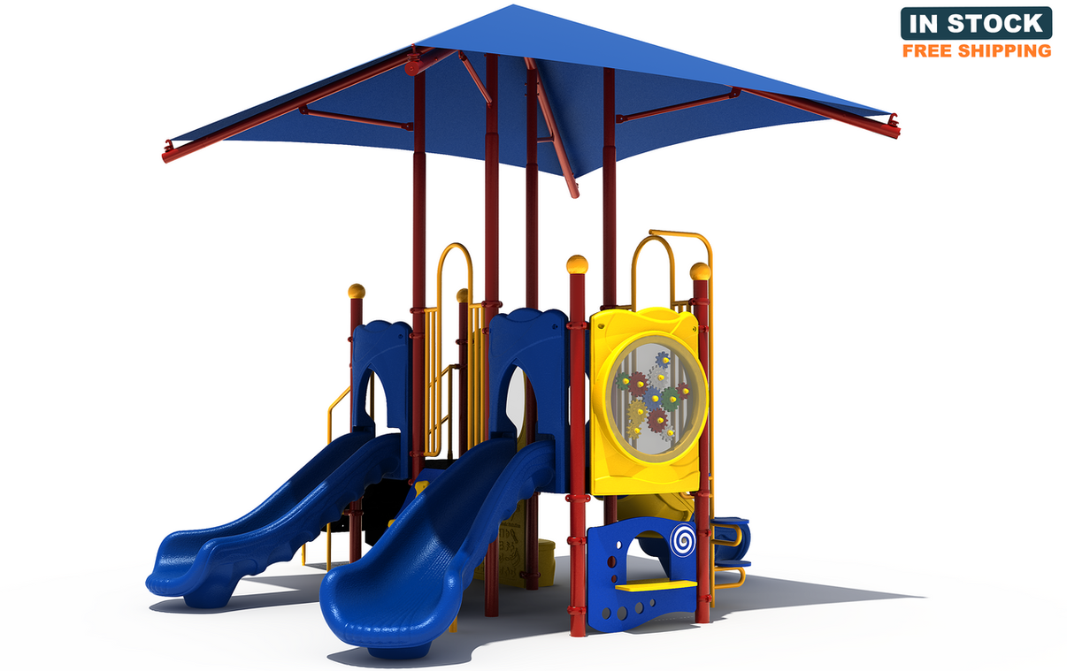 Playground Boss Shady Days commercial playground front view - Primary color scheme