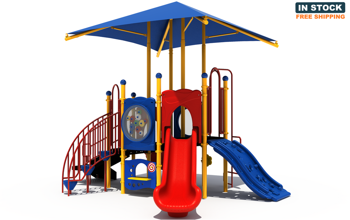 Made In The Shade commercial playground - front view, Primary color scheme