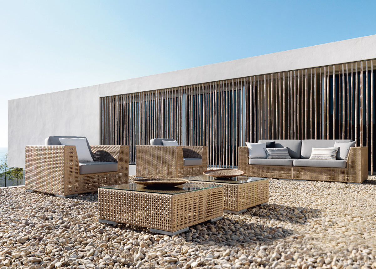 Panama Jack Austin 5-Piece Outdoor Seating Set - full view with lounge chairs, loveseat, and coffee tables