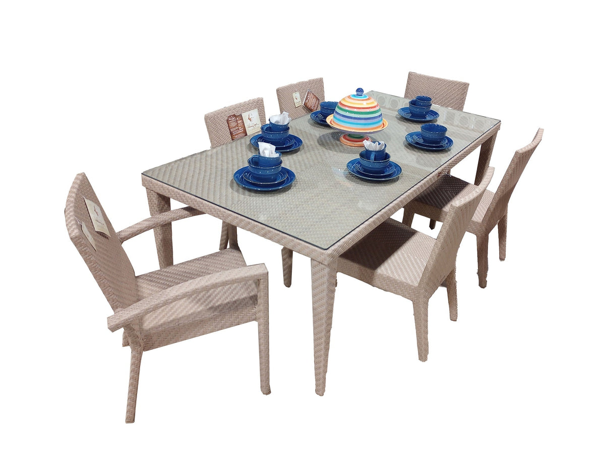 Panama Jack Austin 7-Piece Rectangular Outdoor Dining Set with anodized aluminum frames, Rehau fiber weaving, tempered glass table, and cushioned chairs