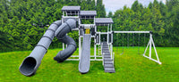 Adventure World Fantasy Fortress Package F514-8 full view - multi-level vinyl swing set with three slides and swing beam