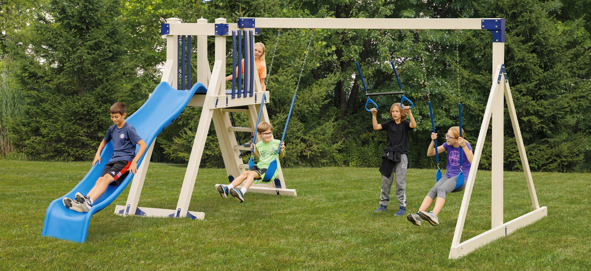 Frolic Zone Swing Set Package FA33-2 - Full view of pressure treated wood playset with wave slide, belt swings, and trapeze