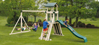 Frolic Zone Swing Set Package FA33-7 - Full playset view with Wonder Wave Slide, belt swings, and trapeze