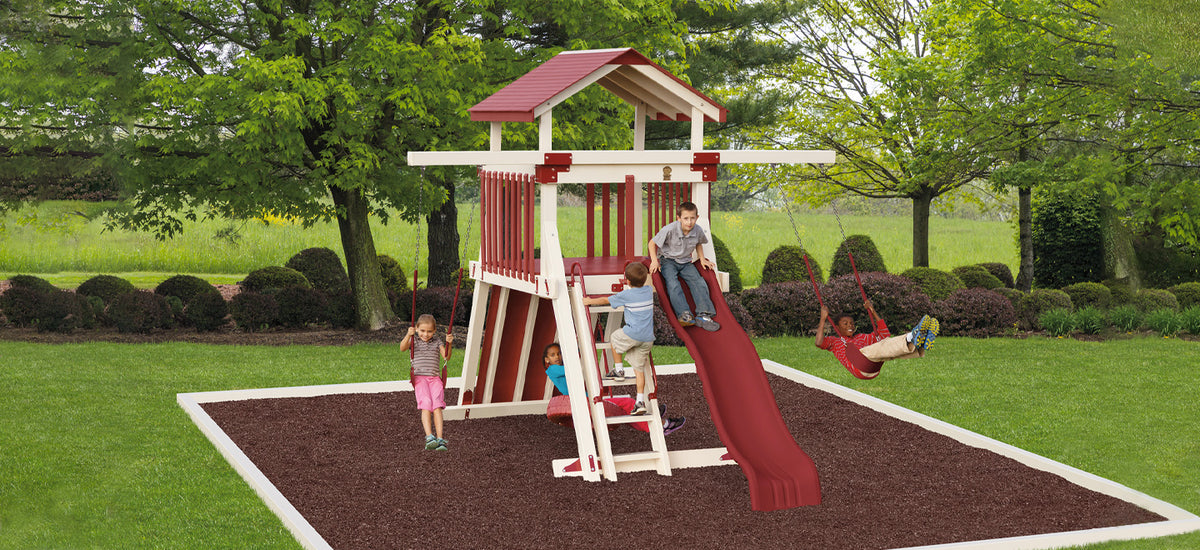 Giggle Junction Swing Set Package GA55-2 full view with tower, rock wall, slide, and swings