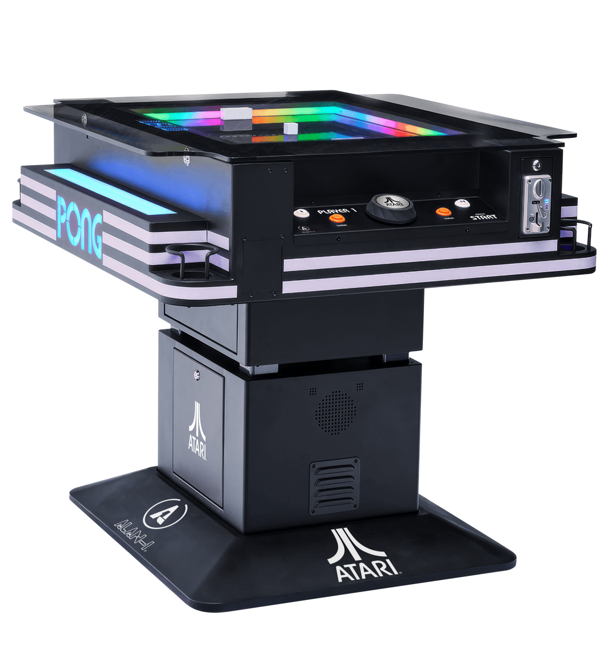 Atari PONG Mechanical Table Commercial Edition - full view of cocktail-style cabinet with RGB LED playfield and tempered glass top