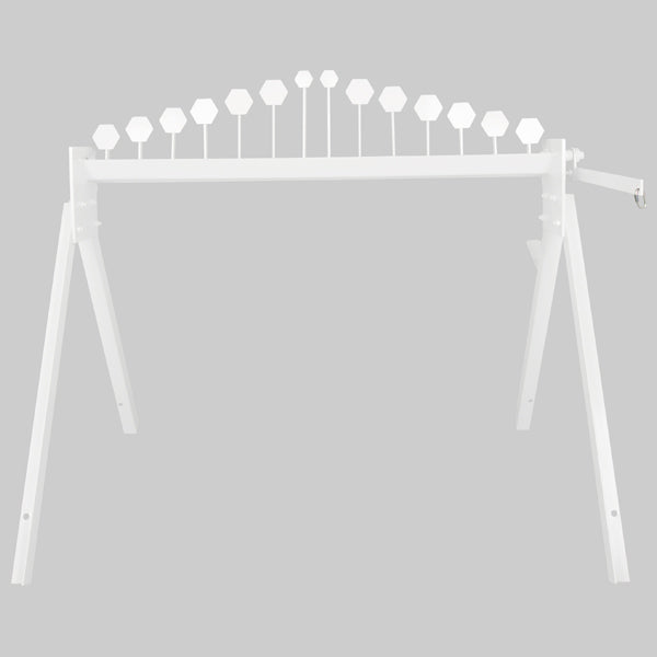 MGM Targets 22 Rimfire Plate Rack full view showing 14 staggered steel targets on beam