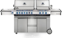 Napoleon Prestige PRO 825 RSBI propane gas grill with knobs lit in stainless steel - front hero view