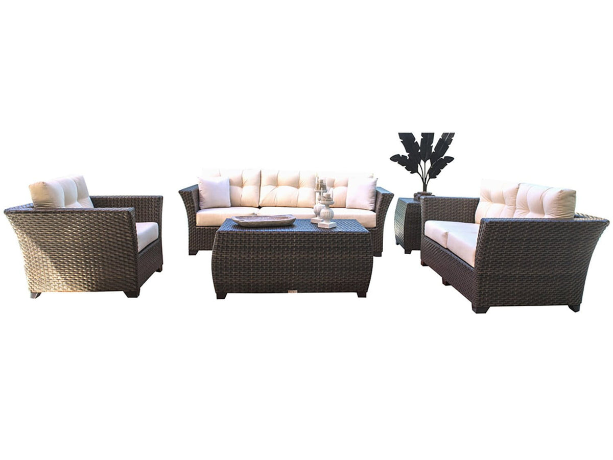 Pelican Reef Samoa lounge set detail view - dark brown HDPE woven fiber and powder-coated aluminum frame