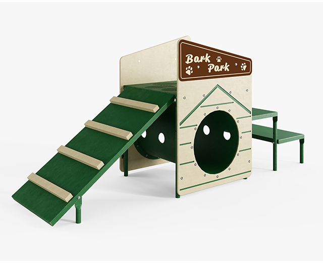 BarkPark Pup Clubhouse dog house agility structure in Natural color with crawl tunnel