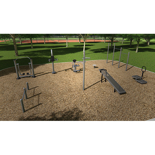 ActionFit Performance Course 2.0 outdoor fitness station rendering showing all 9 FitTech stations