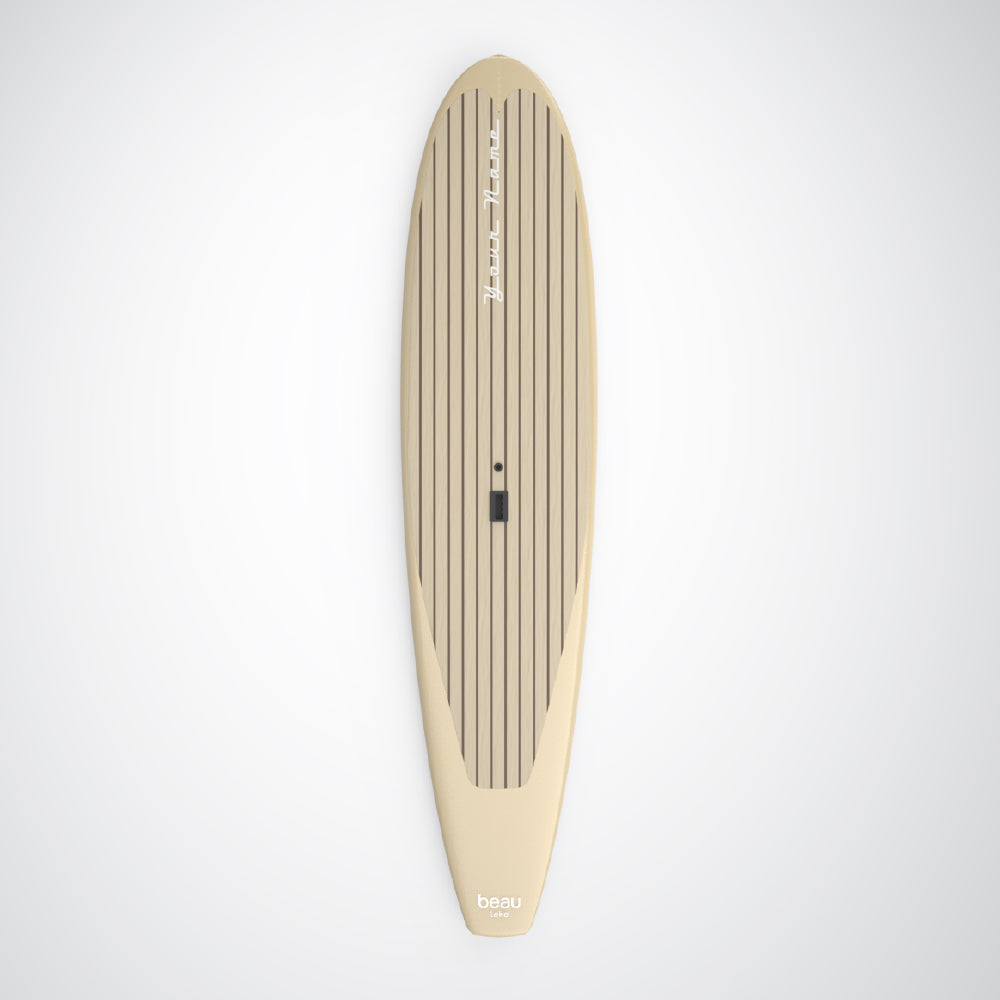 Beau Lake Custom Paddleboard top view - white oak and mahogany with chrome lettering