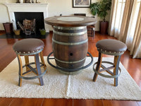 Whiskey & Wine Barrel Bistro Pub Set 2 Stools, Glass Top, Foot Rail